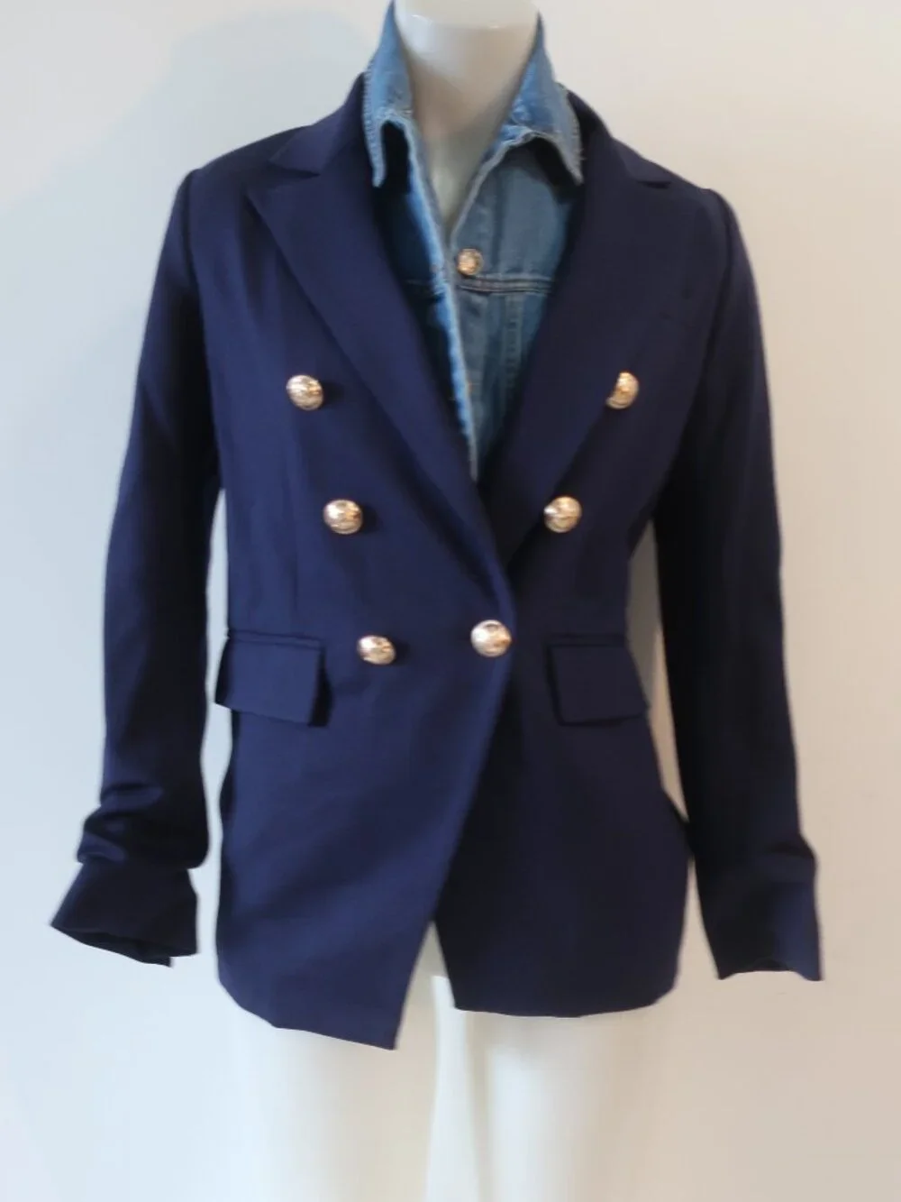 Dolan Navy (Item- 302) Double Breasted Miller Removable Denim Dickey Blazer XS